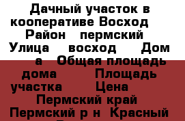 Дачный участок в кооперативе Восход 2 › Район ­ пермский › Улица ­ “восход2“ › Дом ­ 275а › Общая площадь дома ­ 20 › Площадь участка ­ 6 › Цена ­ 450 - Пермский край, Пермский р-н, Красный Восход п. Недвижимость » Дома, коттеджи, дачи продажа   